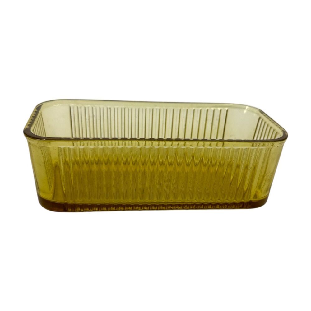Amber Federal Glass Dish 1940s ribbed rectangular Refrigerator yellow gold
